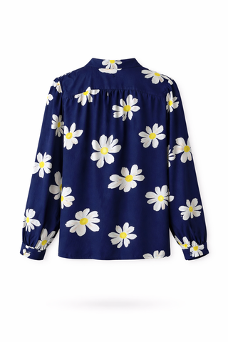 Navy Daisy Print Tie-Neck Silk Shirt