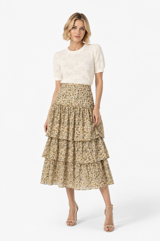 Multi Tiered Ruffle Floral Midi Skirt
