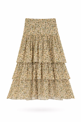 Multi Tiered Ruffle Floral Midi Skirt