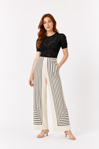 Beige Geometric Print Wide-Leg Trousers