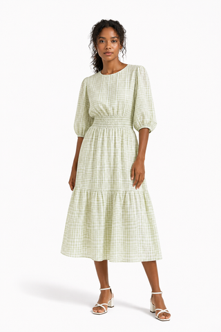 Green Smocked Puff Sleeve Tiered Dress