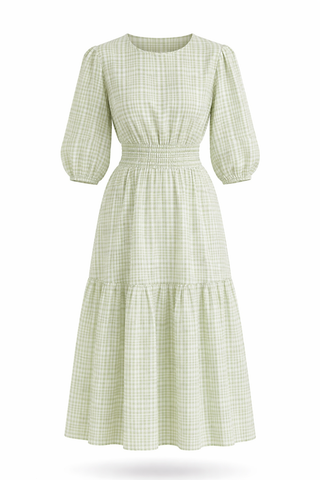Green Smocked Puff Sleeve Tiered Dress