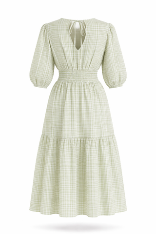 Green Smocked Puff Sleeve Tiered Dress