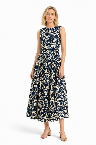 Multi Floral Sleeveless Belted Midi Dress