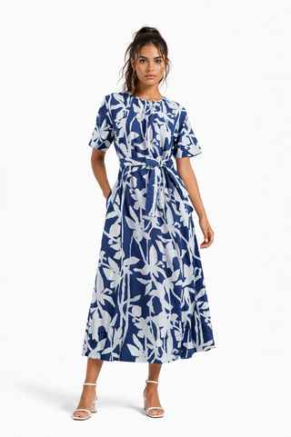Blue Floral Tie-Waist Midi Dress