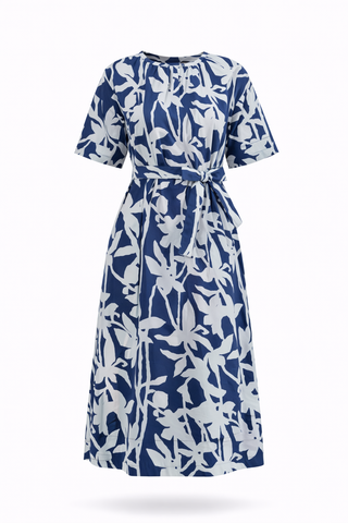 Blue Floral Tie-Waist Midi Dress