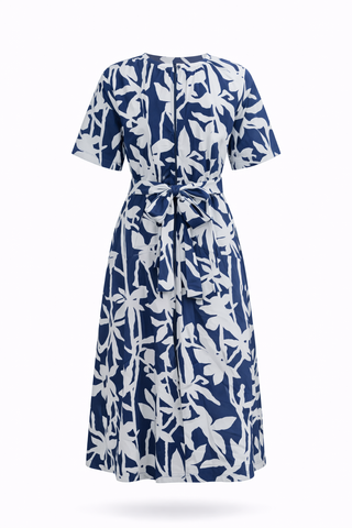 Blue Floral Tie-Waist Midi Dress