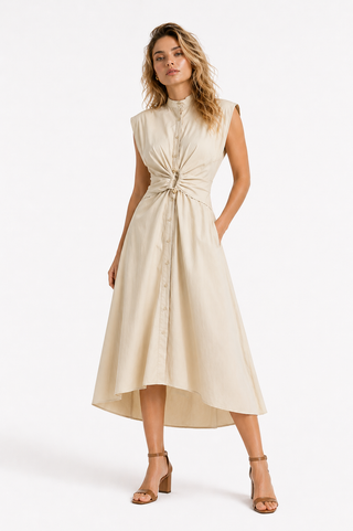 Beige Knot-Front Sleeveless Midi Dress