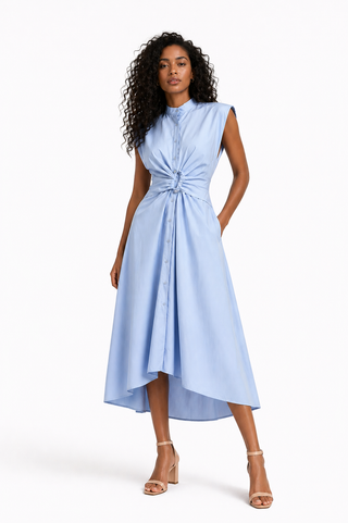 Blue Twist-Knot Midi Shirt Dress