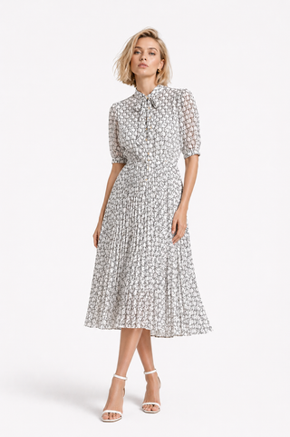 Grey Polka Dot Pleated Midi Dress