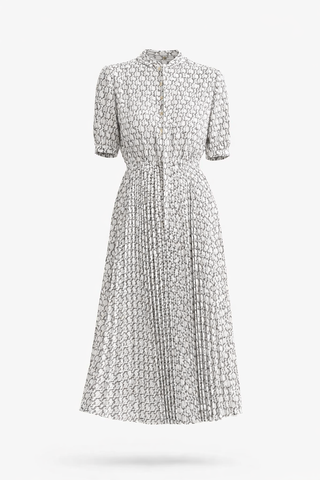 Grey Polka Dot Pleated Midi Dress