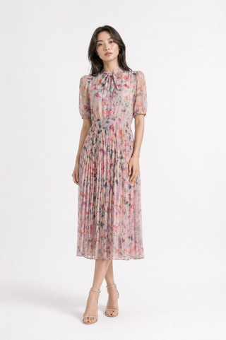 Pink Floral Pleated Midi Dress