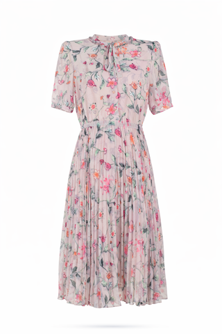 Pink Floral Pleated Midi Dress
