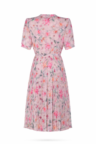 Pink Floral Pleated Midi Dress