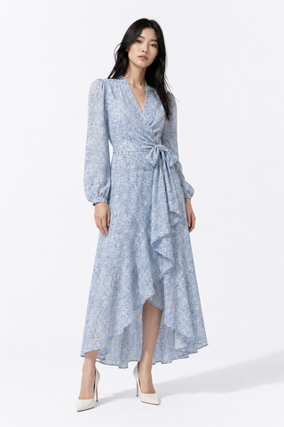 Blue Long Sleeve Floral Ruffle-Wrap Midi Dress