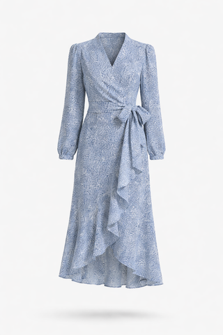 Blue Long Sleeve Floral Ruffle-Wrap Midi Dress