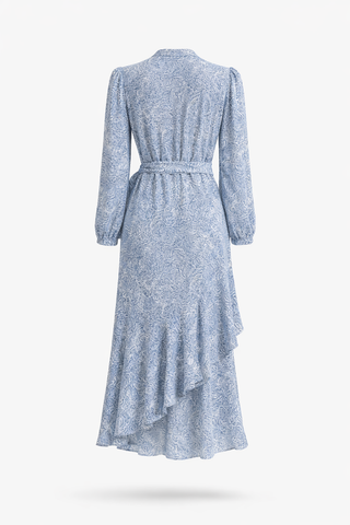 Blue Long Sleeve Floral Ruffle-Wrap Midi Dress
