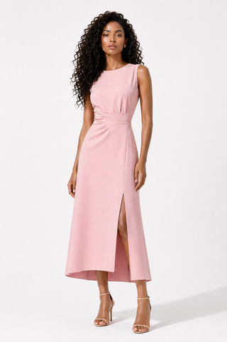 Pink Sleeveless Cinched-Front Midi Dress with Slit