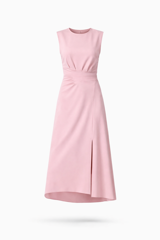Pink Sleeveless Cinched-Front Midi Dress with Slit