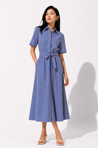 Blue Striped Collar Tie Waist Midi Dress