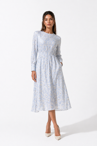 Long Sleeve Cinched Waist Floral Midi Dress