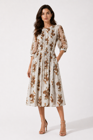 Abstract Print Tie Waist 3/4 Sleeve Midi Dress