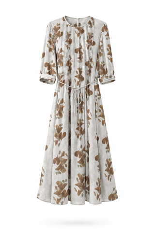 Abstract Print Tie Waist 3/4 Sleeve Midi Dress