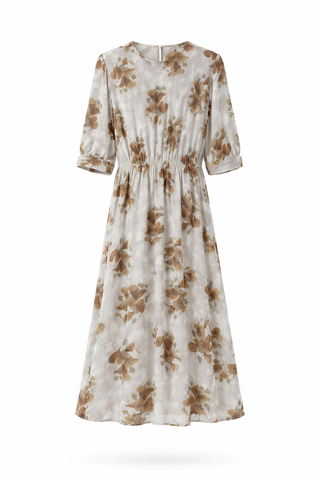 Abstract Print Tie Waist 3/4 Sleeve Midi Dress