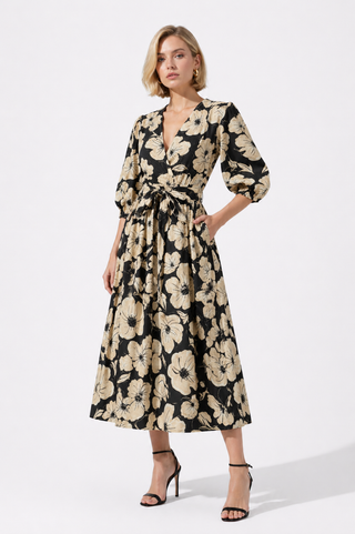 Floral Puff Sleeve Tie Waist Midi Dress