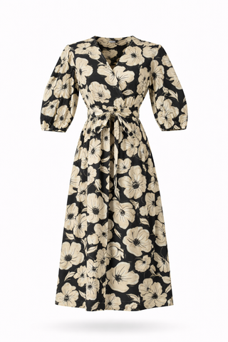 Floral Puff Sleeve Tie Waist Midi Dress