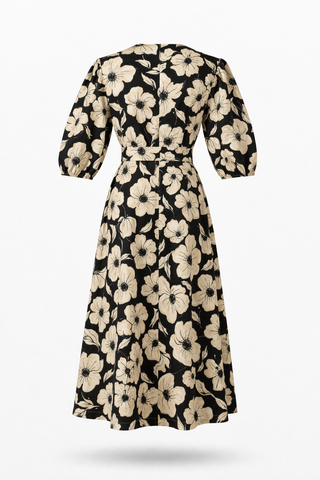 Floral Puff Sleeve Tie Waist Midi Dress
