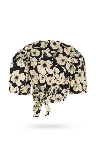 Black & Ivory Floral Knotted Crop Top
