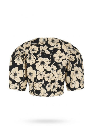 Black & Ivory Floral Knotted Crop Top