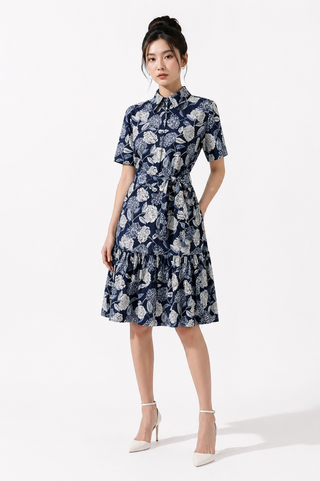 Blue Floral Print Collar Tie Waist Dress