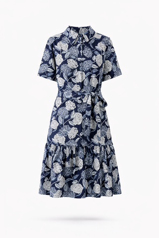 Blue Floral Print Collar Tie Waist Dress
