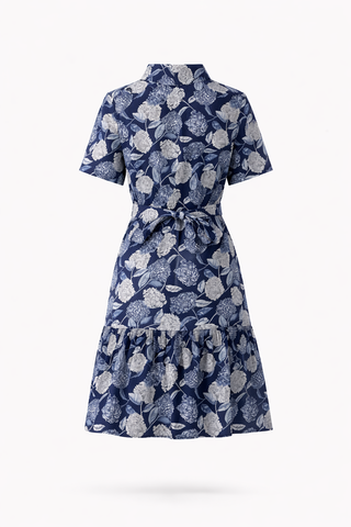 Blue Floral Print Collar Tie Waist Dress