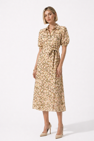 Multi Floral Collar Tie Waist Midi Dress
