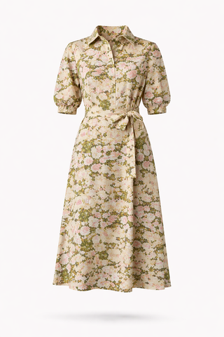 Multi Floral Collar Tie Waist Midi Dress