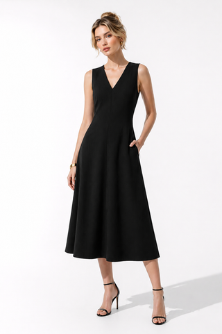 BlackV-Neck Sleeveless Midi Dress with Pockets