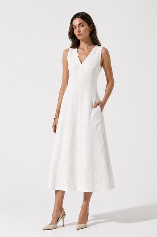 White V-Neck Sleeveless Midi Dress with Pockets