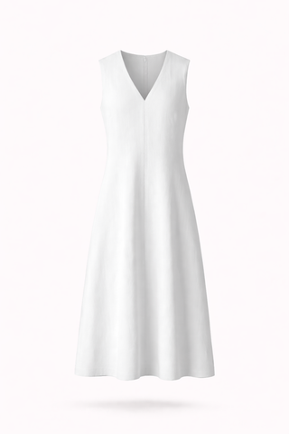 White V-Neck Sleeveless Midi Dress with Pockets