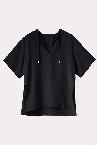 Black Drawstring V-Neck Short Sleeve Top