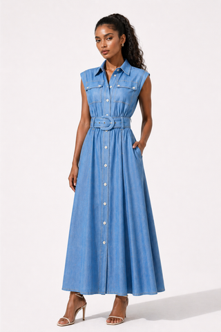 Denim Sleeveless Collar Belted Maxi Dress