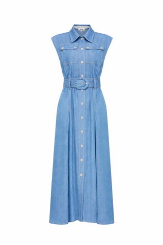 Denim Sleeveless Collar Belted Maxi Dress