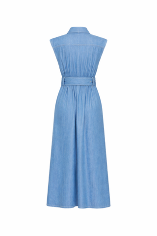 Denim Sleeveless Collar Belted Maxi Dress