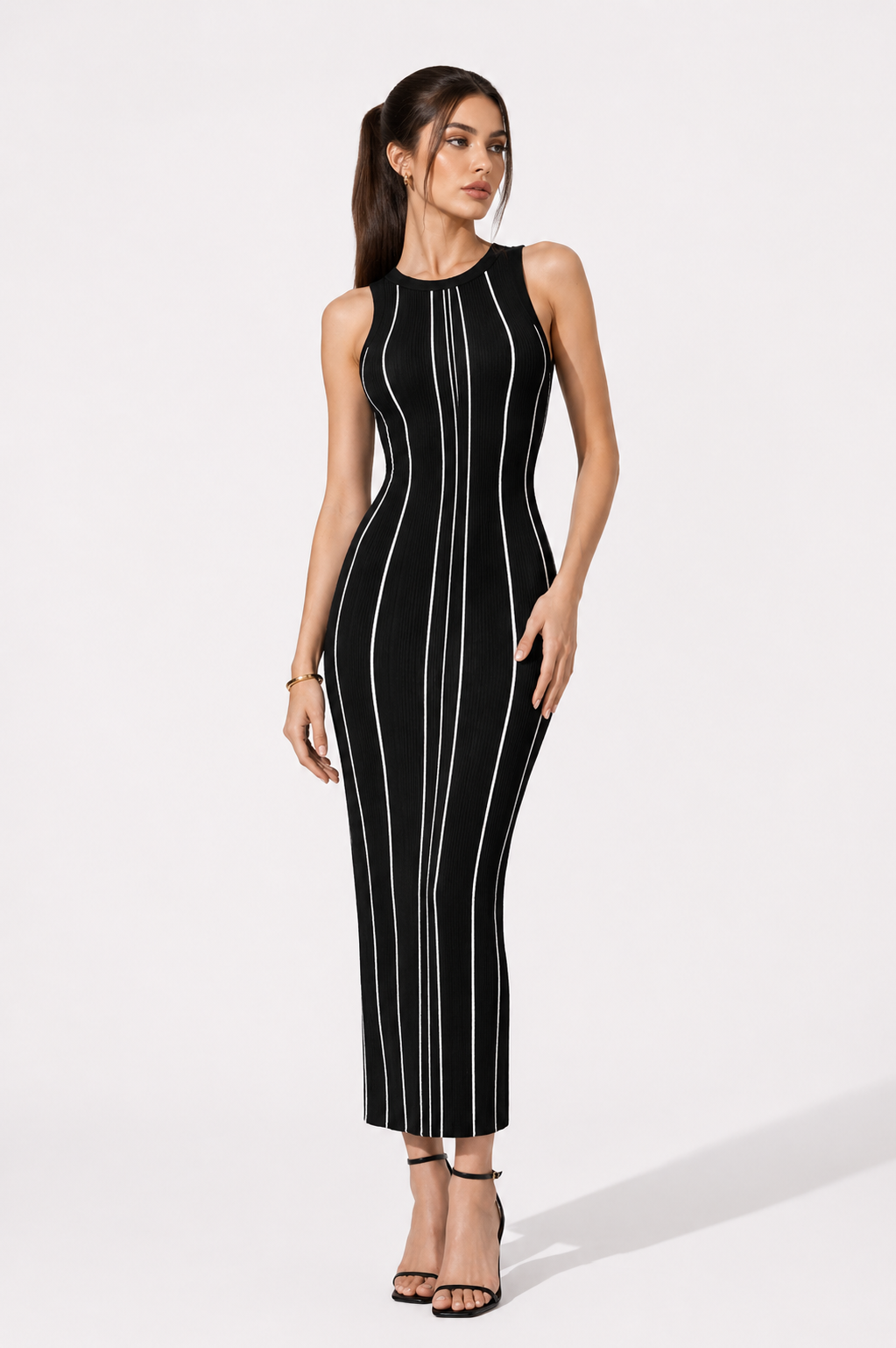 Black Striped Sleeveless Bodycon Maxi Dress