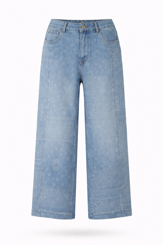 Blue Paisley Print Wide-Leg Denim Jeans
