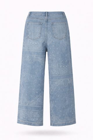 Blue Paisley Print Wide-Leg Denim Jeans