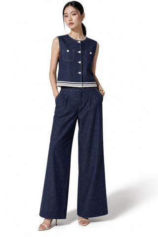 Blue Lace-Trim Denim Vest Jacket Set