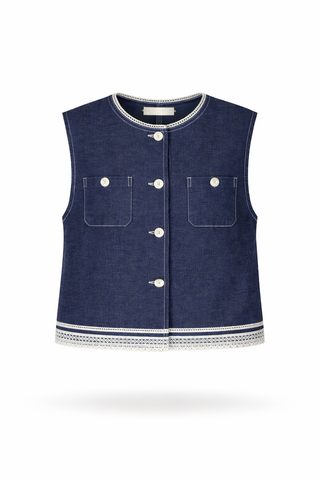 Blue Lace-Trim Denim Vest Jacket Set